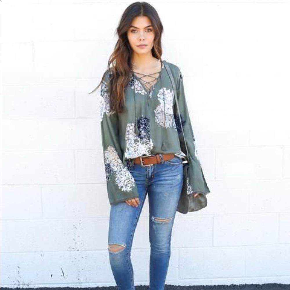 Olive Floral Peasant Blouse